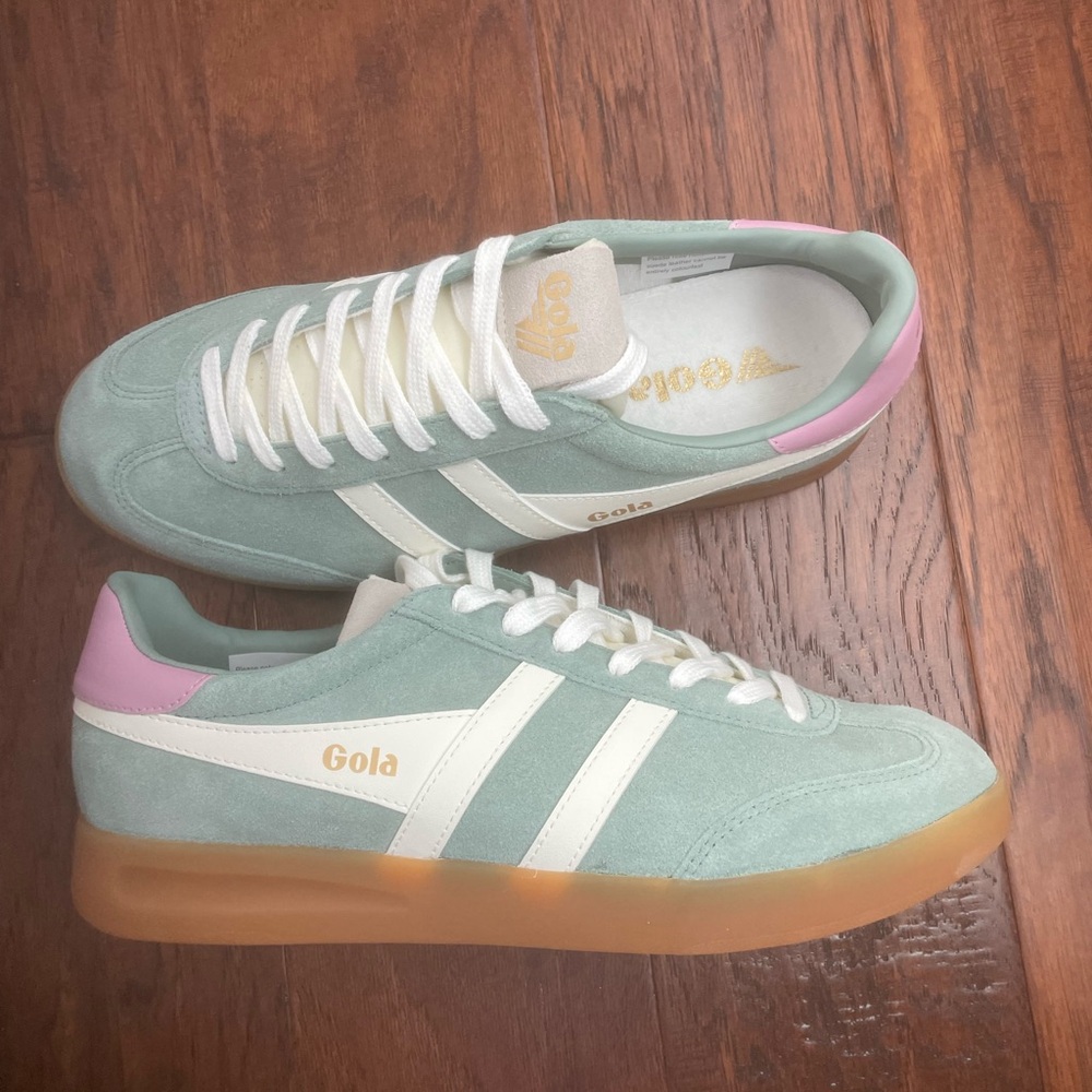Gola Suede Low-Top Sneakers in Mint Green, White & Pink